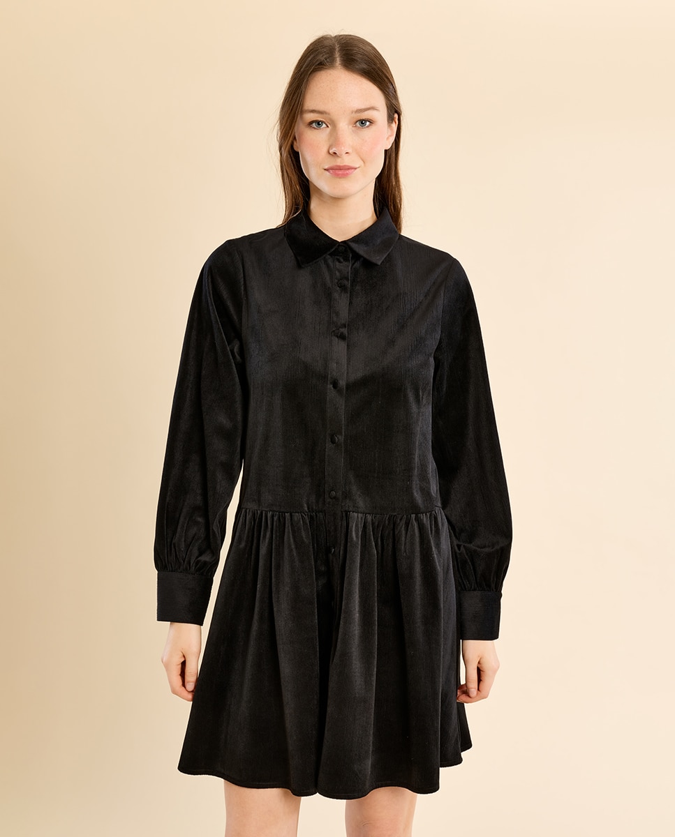 Vestido corto camisero con volantes - Molly Bracken - Negro Negro-2