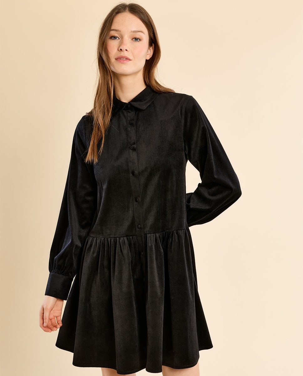 Vestido corto camisero con volantes - Molly Bracken - Negro Negro-3