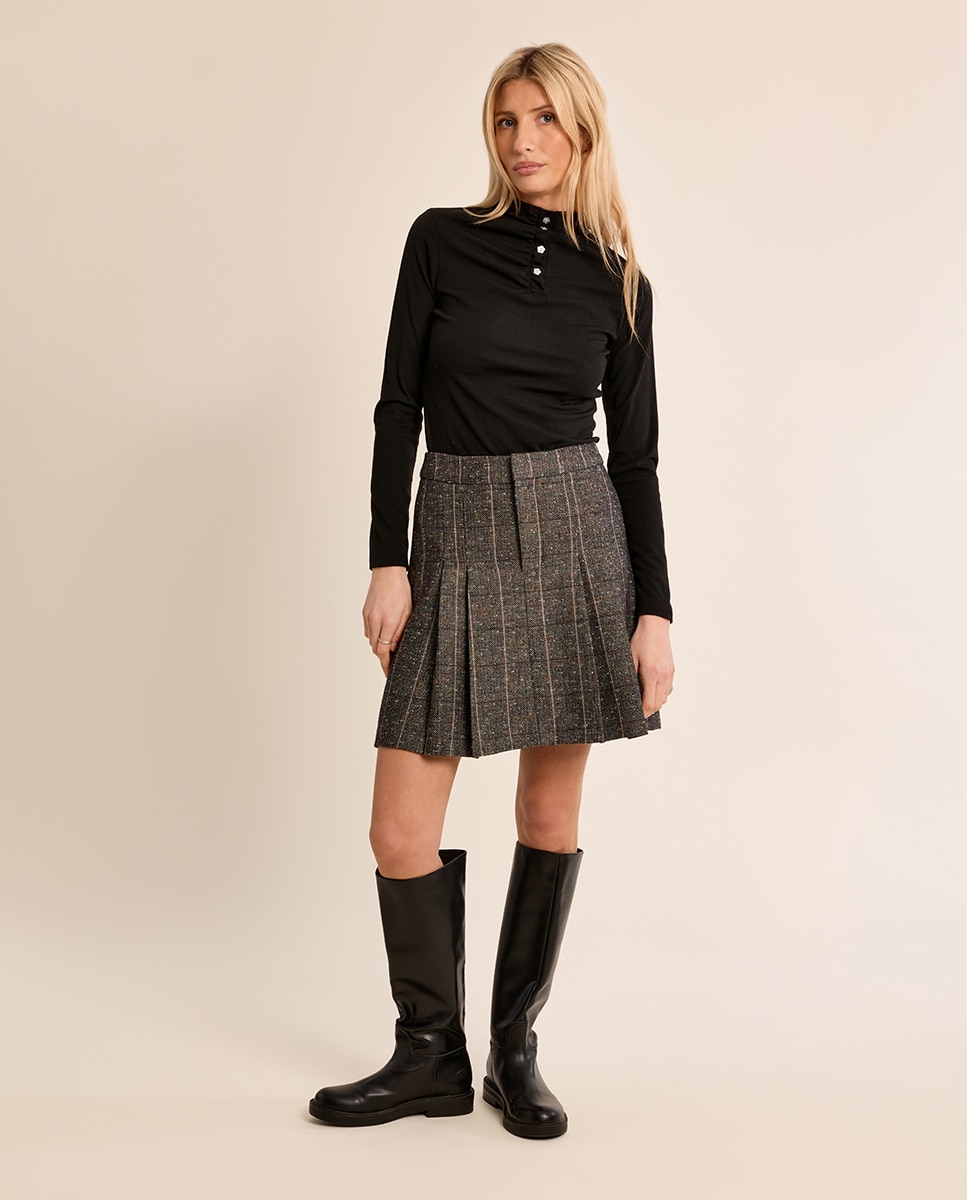 Falda corta plisada con estampado - Molly Bracken - Negro Negro-1