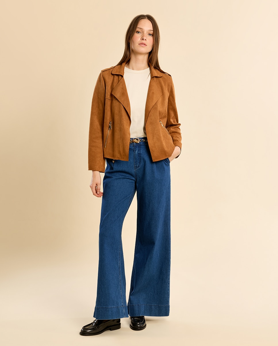 Cazadora de mujer motera con cuello y solapa - Molly Bracken - Camel Camel-1
