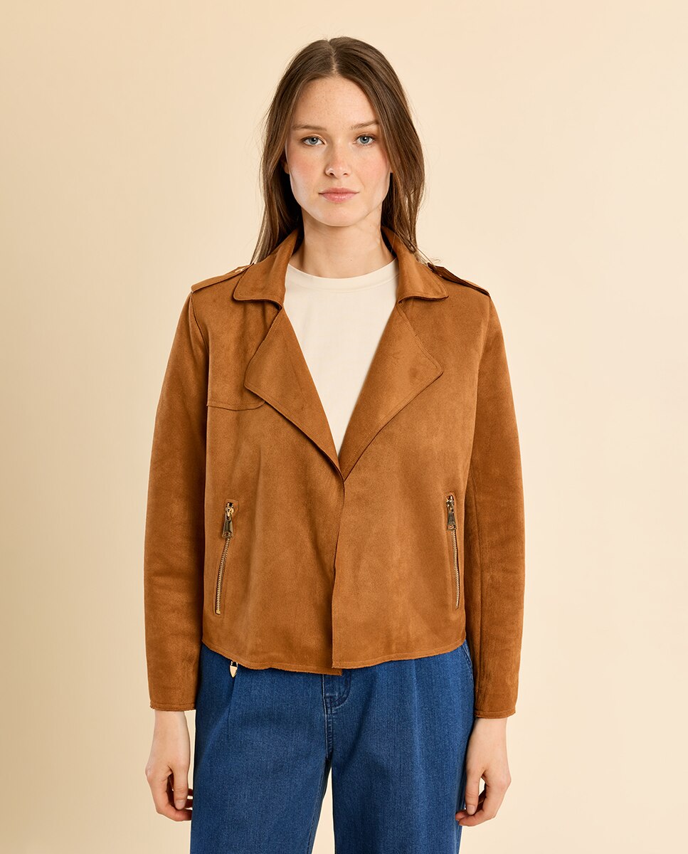 Cazadora de mujer motera con cuello y solapa - Molly Bracken - Camel Camel-2