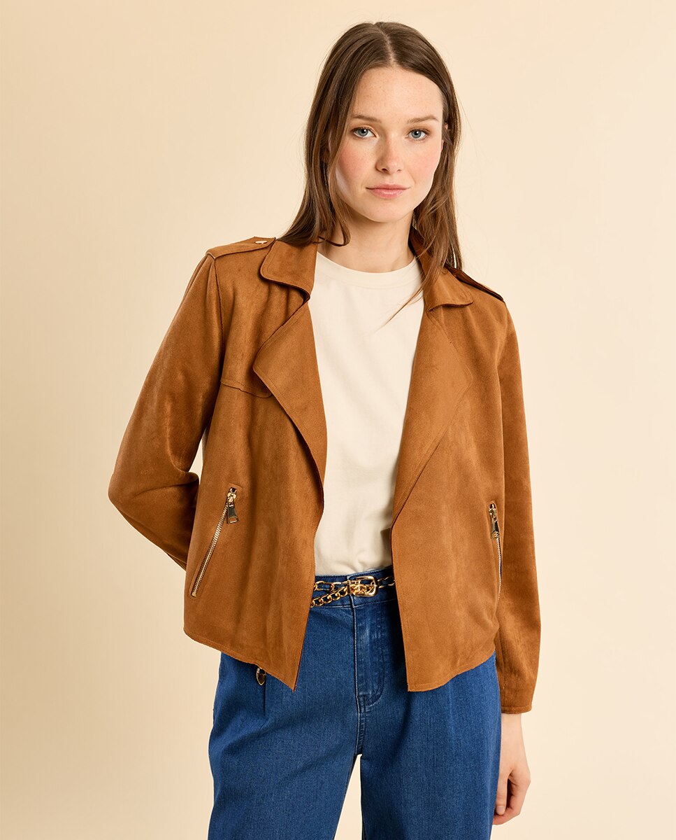 Cazadora de mujer motera con cuello y solapa - Molly Bracken - Camel Camel-3