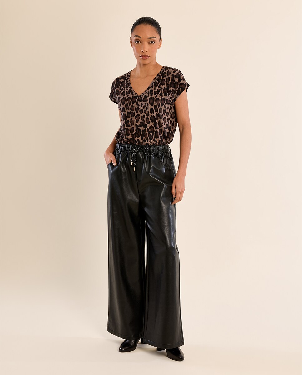 Pantalón de mujer largo efecto cuero - Molly Bracken - Negro Negro-3