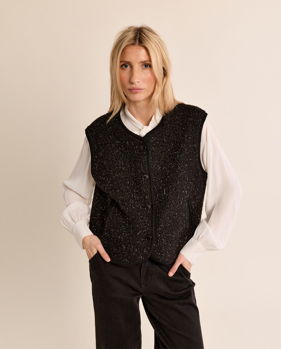 Chaleco de mujer de borreguito con estampado - Molly Bracken - Negro Negro-3