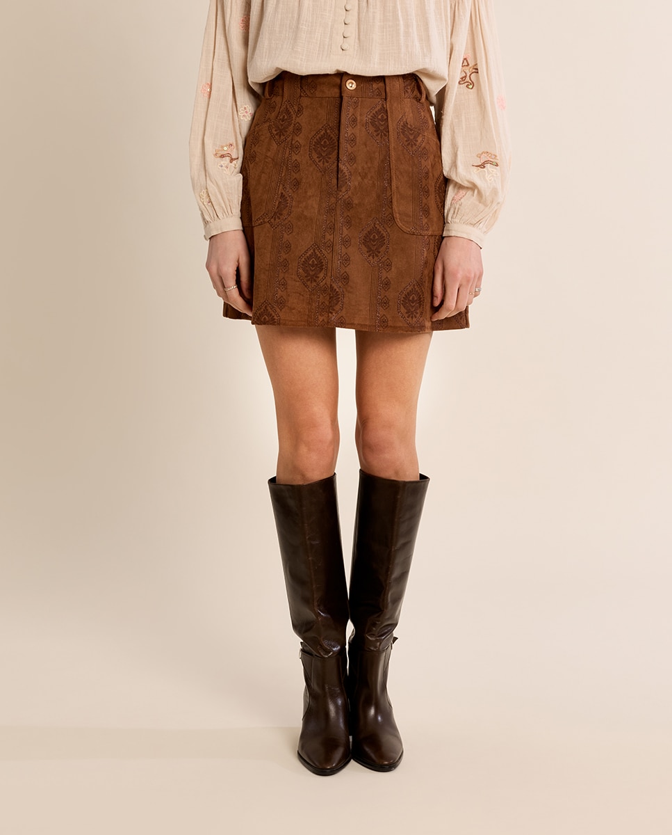 Falda corta de antelina con estampado - Molly Bracken - Camel Camel-2
