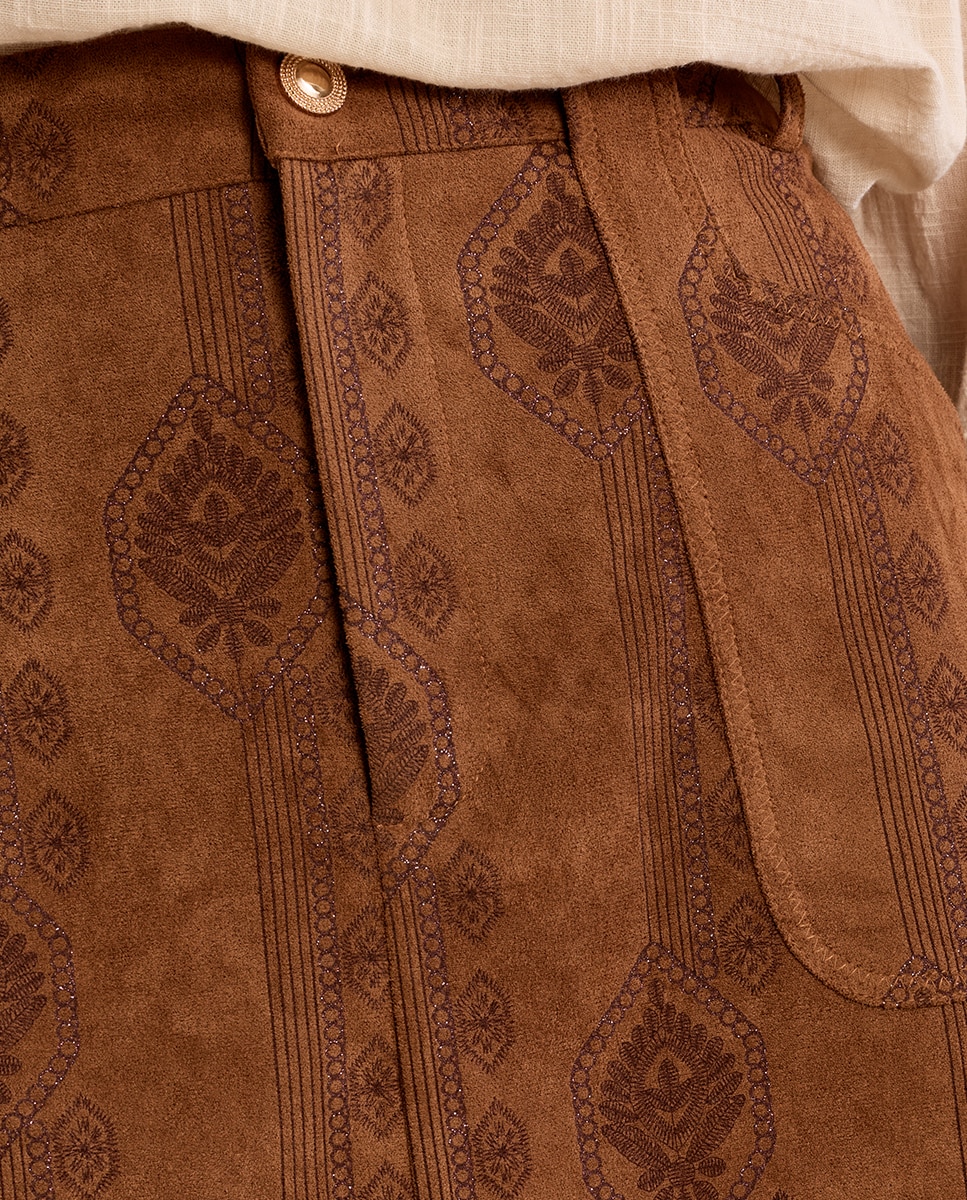 Falda corta de antelina con estampado - Molly Bracken - Camel Camel-5