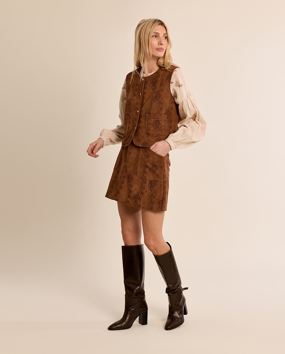 Chaleco de mujer de antelina con estampado - Molly Bracken - Camel Camel-1