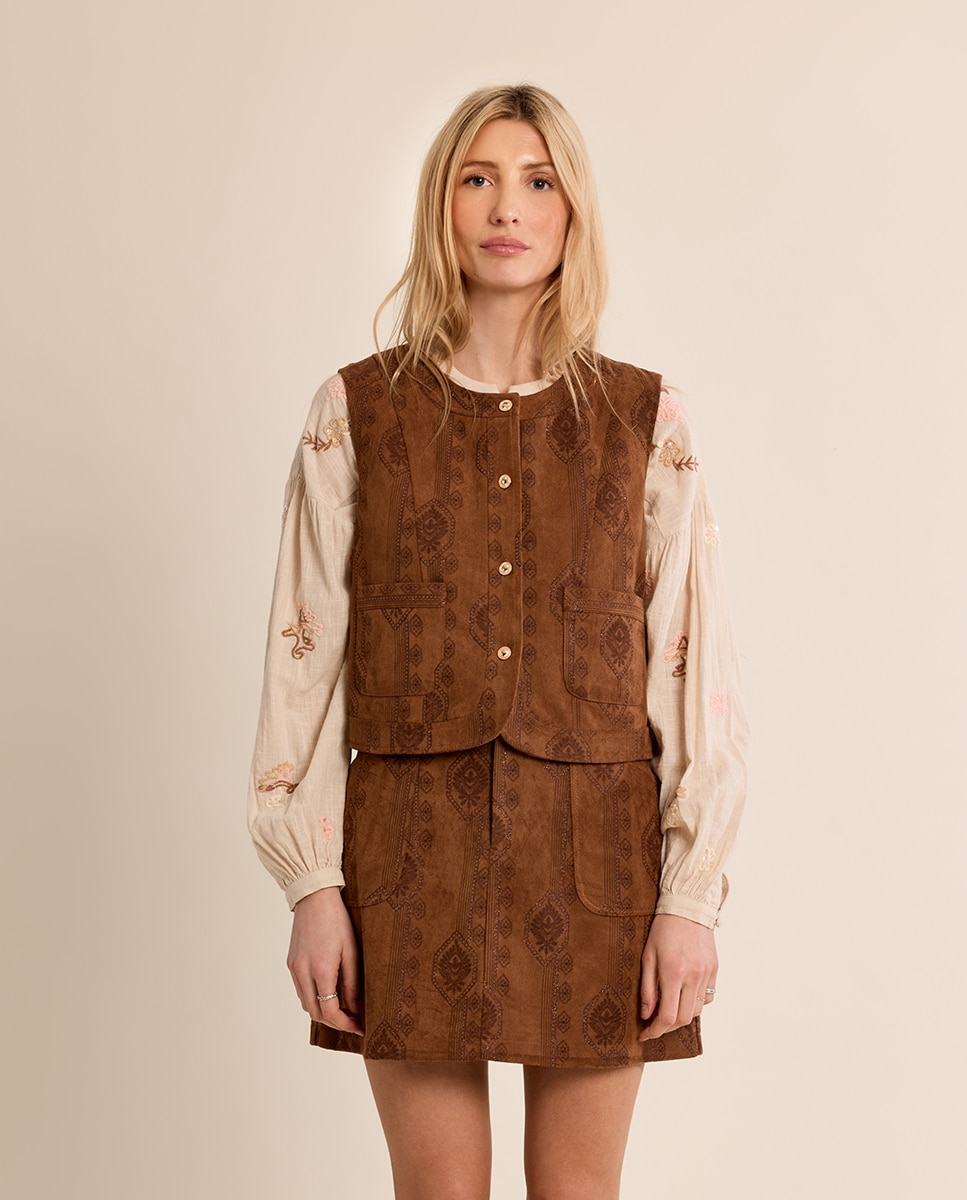 Chaleco de mujer de antelina con estampado - Molly Bracken - Camel Camel-2