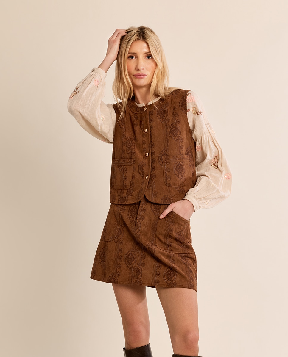 Chaleco de mujer de antelina con estampado - Molly Bracken - Camel Camel-3