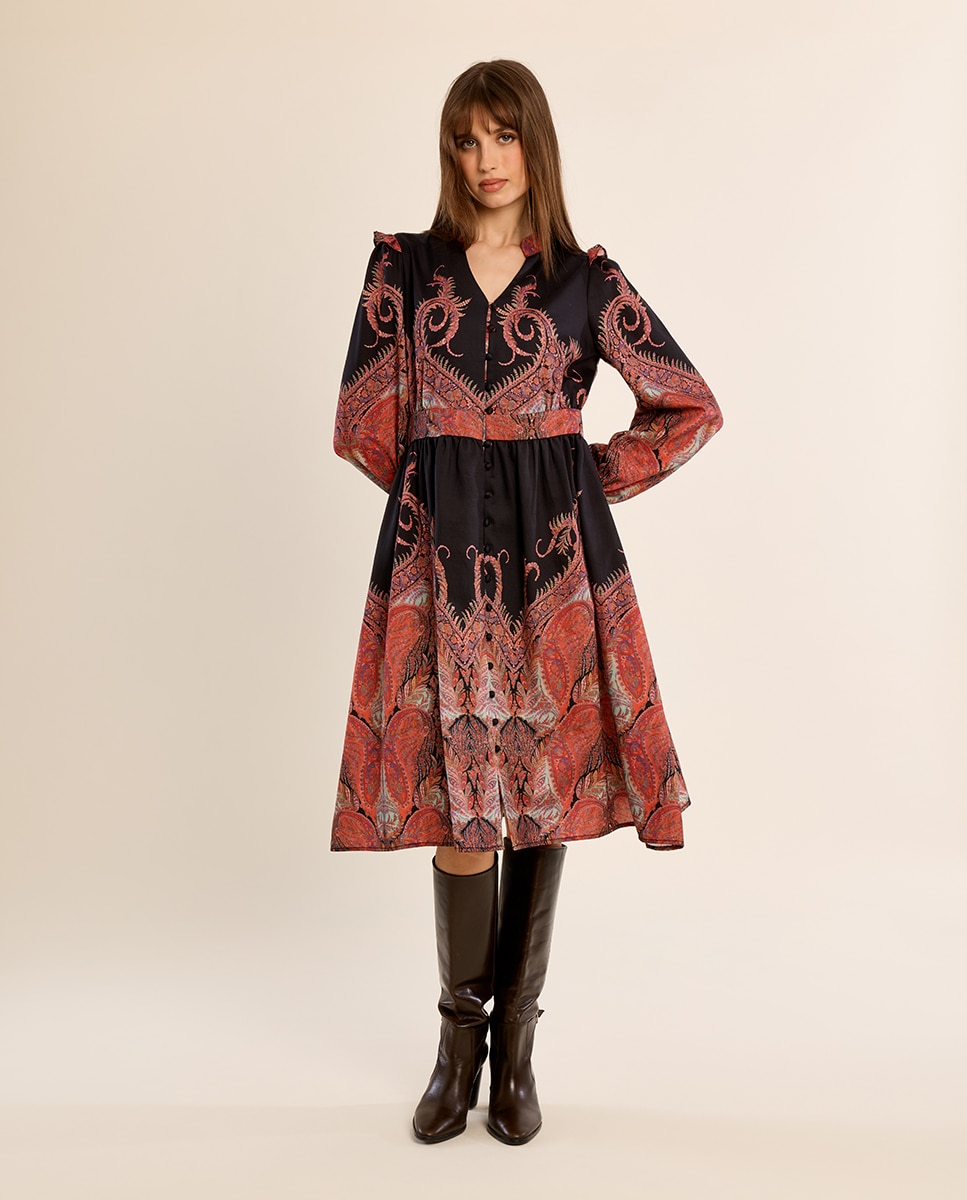 Vestido largo con estampado y volantes - Molly Bracken - Negro Negro-1