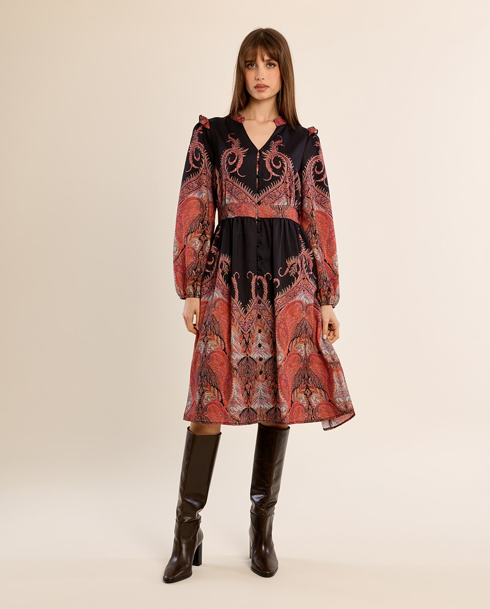 Vestido largo con estampado y volantes - Molly Bracken - Negro Negro-2
