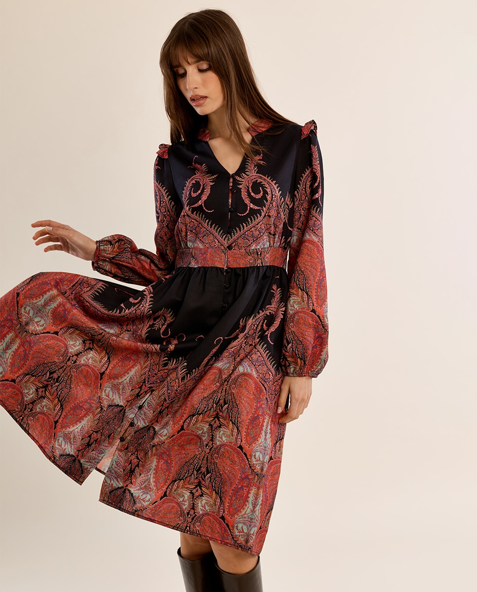 Vestido largo con estampado y volantes - Molly Bracken - Negro Negro-3