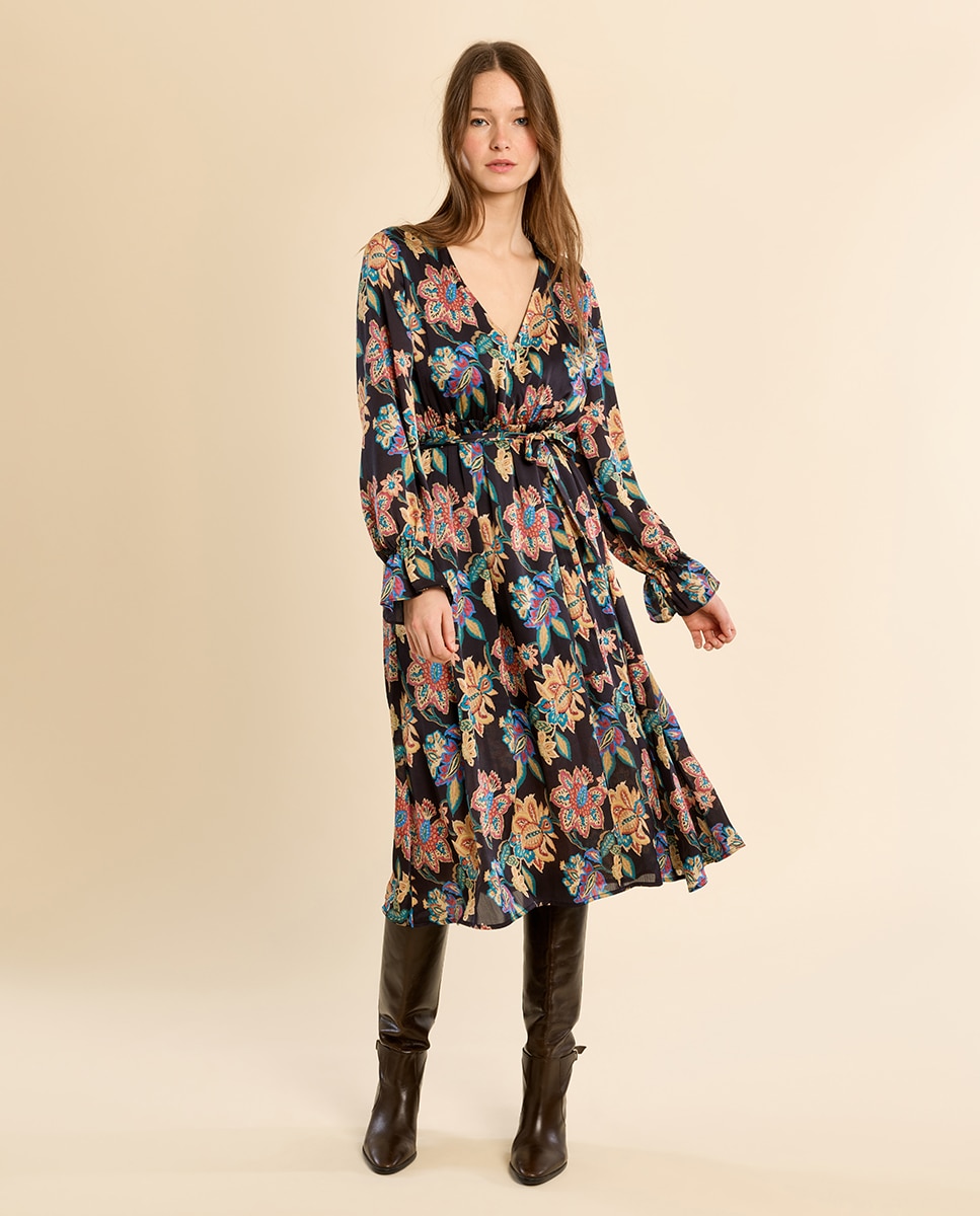 Vestido largo cruzado con estampado - Molly Bracken - Negro Negro-1