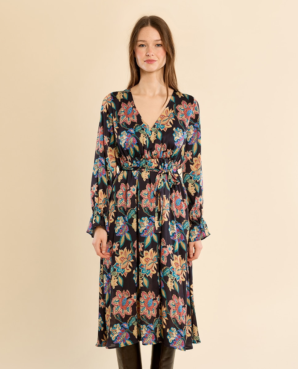 Vestido largo cruzado con estampado - Molly Bracken - Negro Negro-2