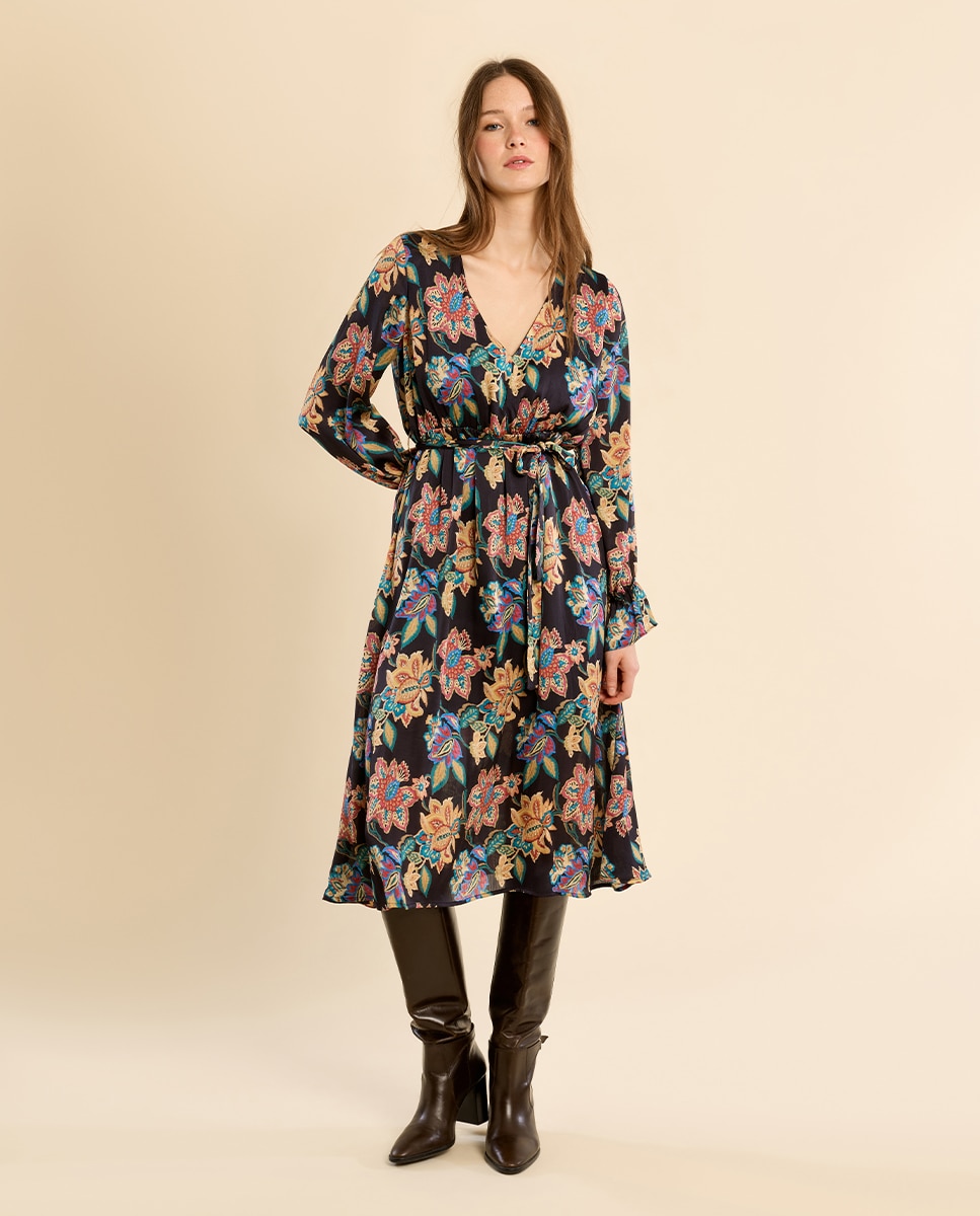 Vestido largo cruzado con estampado - Molly Bracken - Negro Negro-3