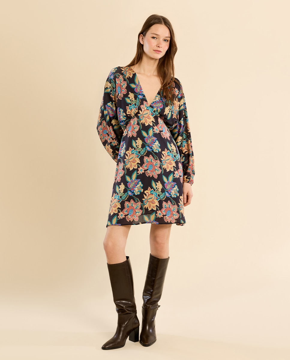 Vestido corto de manga larga con estampado - Molly Bracken - Negro Negro-1