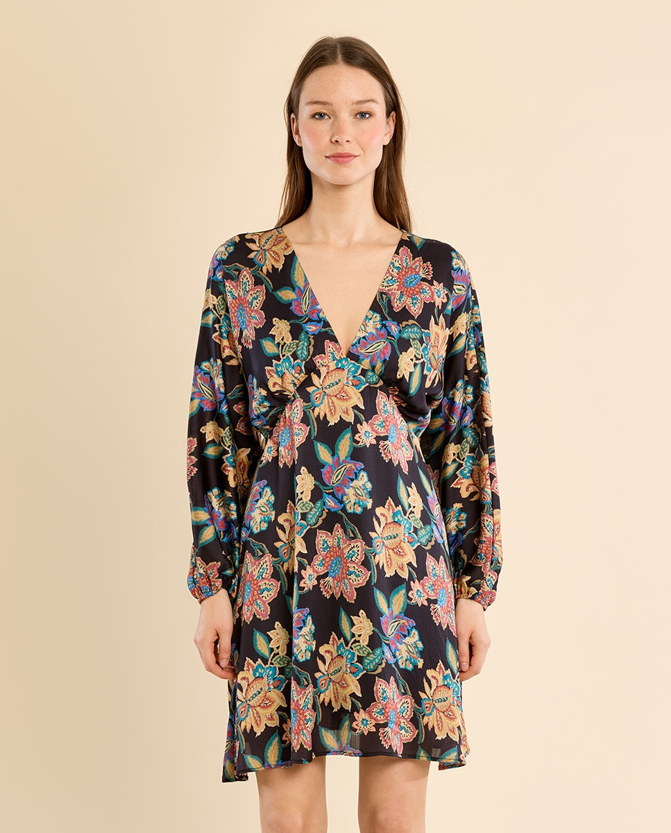 Vestido corto de manga larga con estampado - Molly Bracken - Negro Negro-2