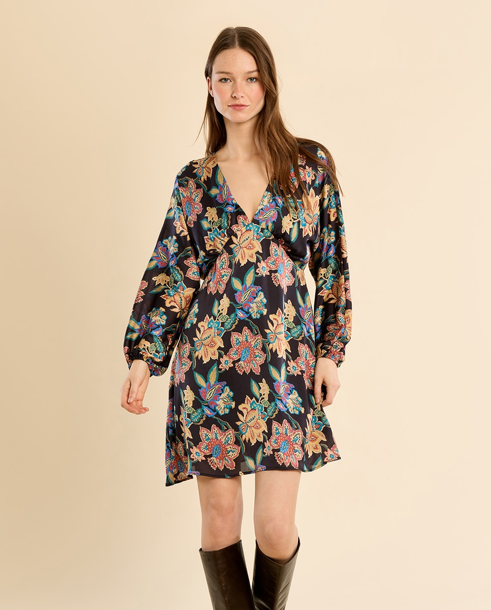 Vestido corto de manga larga con estampado - Molly Bracken - Negro Negro-3
