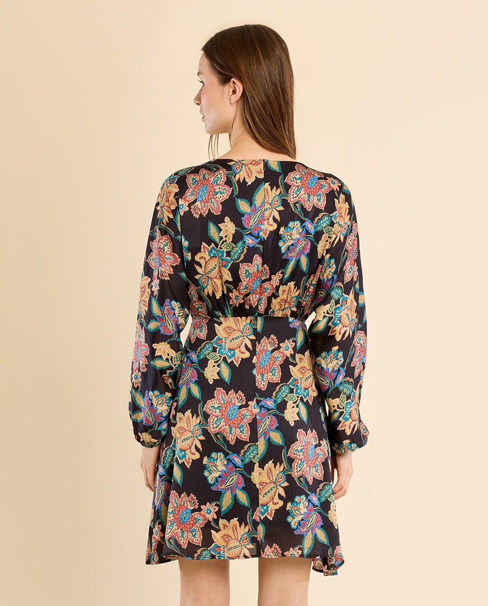 Vestido corto de manga larga con estampado - Molly Bracken - Negro Negro-4