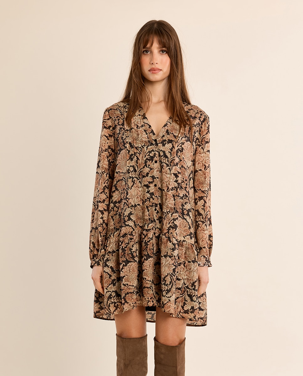Vestido corto con estampado y volantes - Molly Bracken - Negro Negro-2