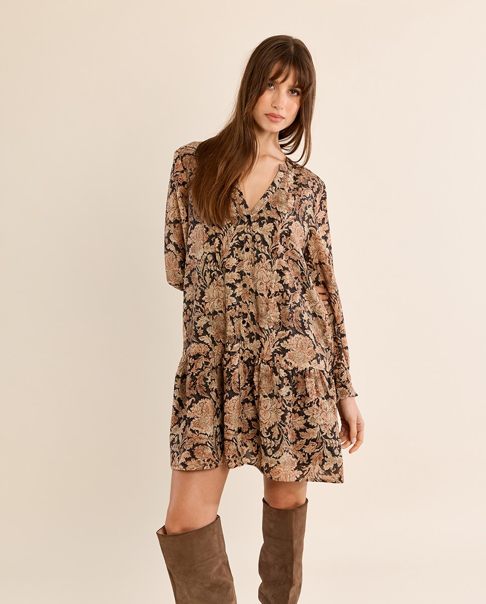 Vestido corto con estampado y volantes - Molly Bracken - Negro Negro-3