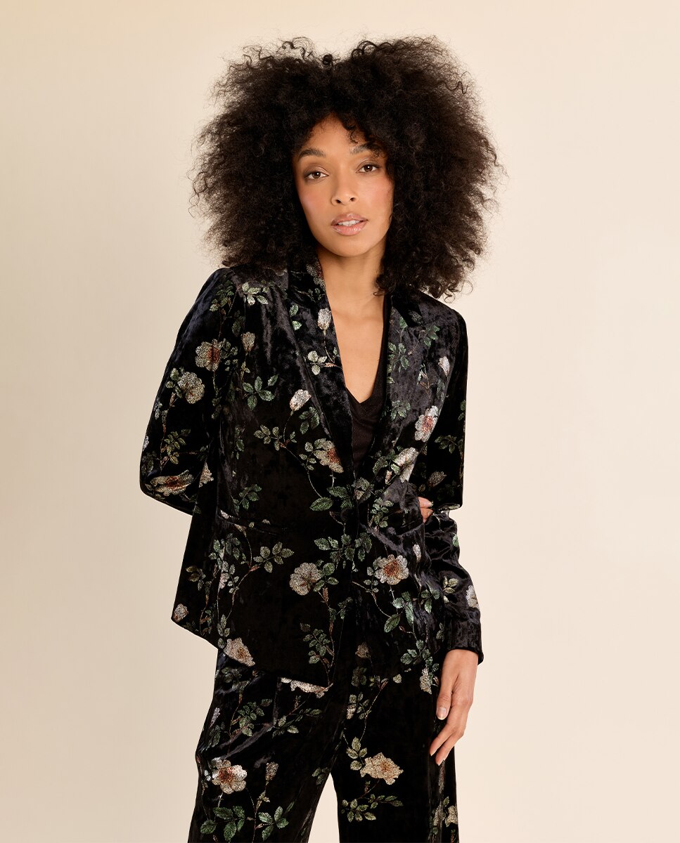Blazer de mujer aterciopelado con estampado - Molly Bracken - Negro Negro-3
