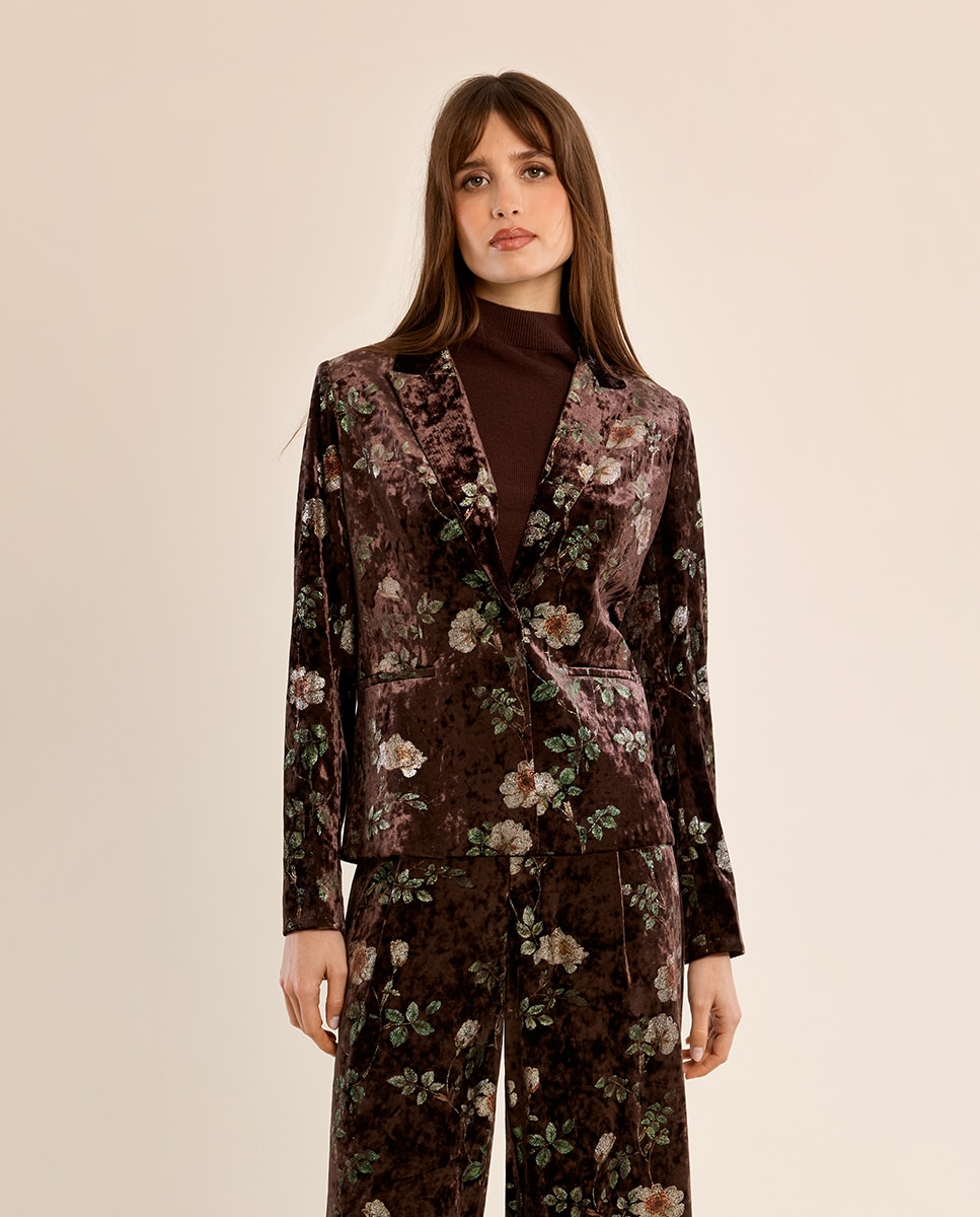 Blazer de mujer aterciopelado con estampado - Molly Bracken - Marrón Marrón-2
