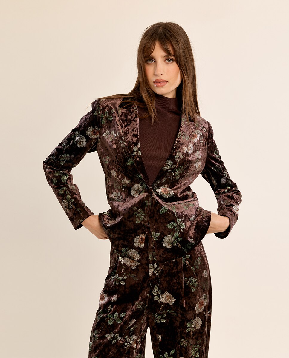 Blazer de mujer aterciopelado con estampado - Molly Bracken - Marrón Marrón-3