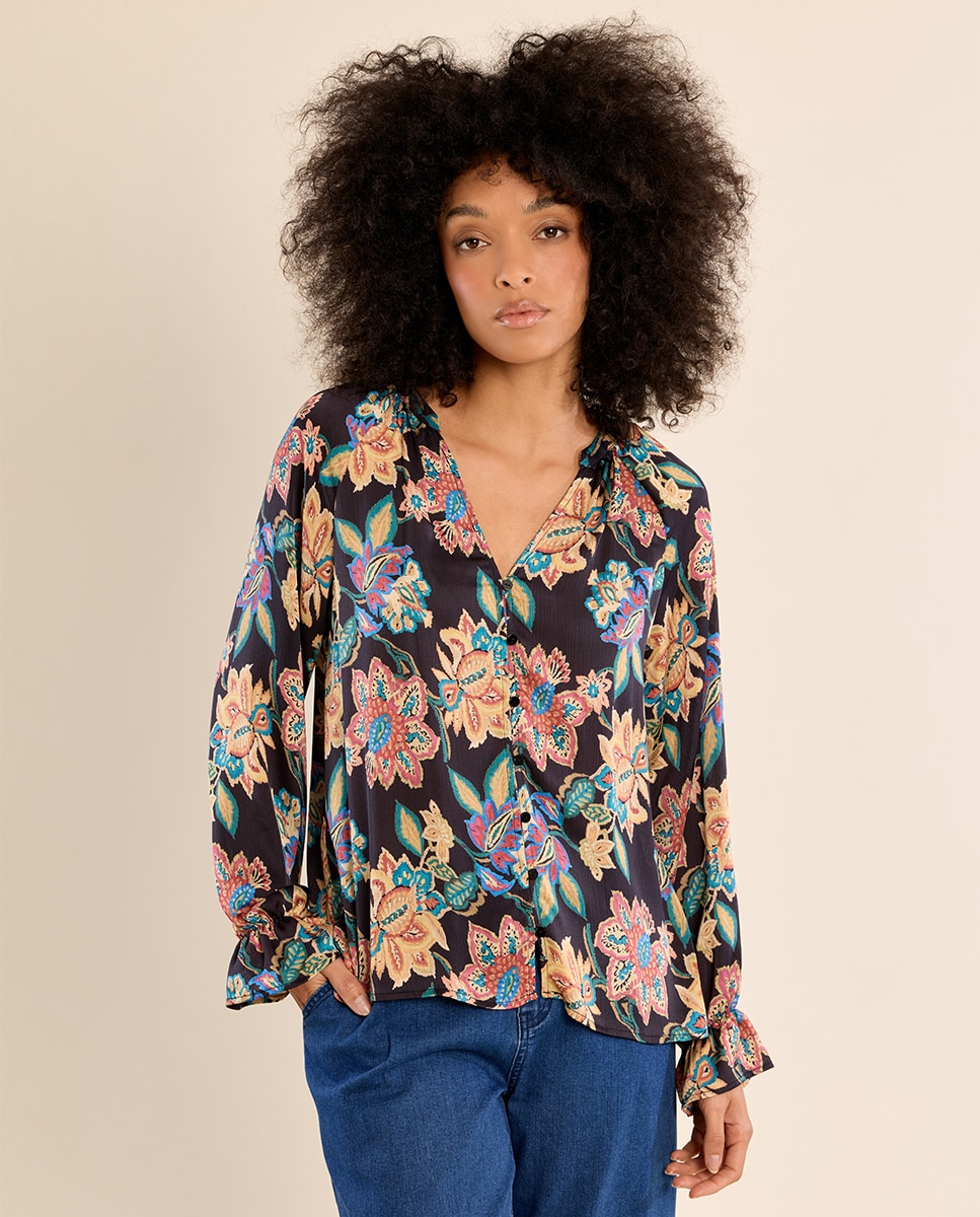 Camisa de mujer de manga larga con estampado - Molly Bracken - Negro Negro-3