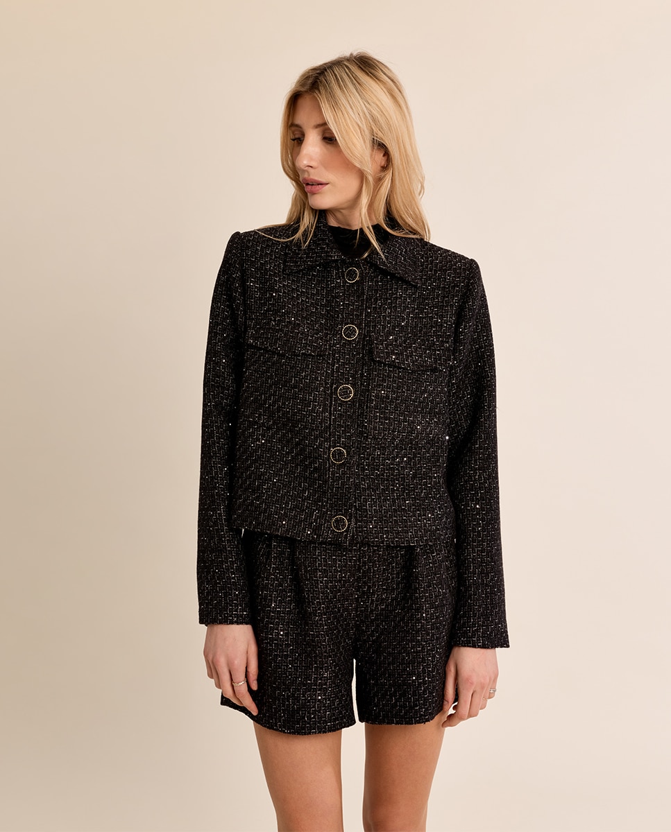 Chaqueta de mujer corta en tejido tweed - Molly Bracken - Negro Negro-2