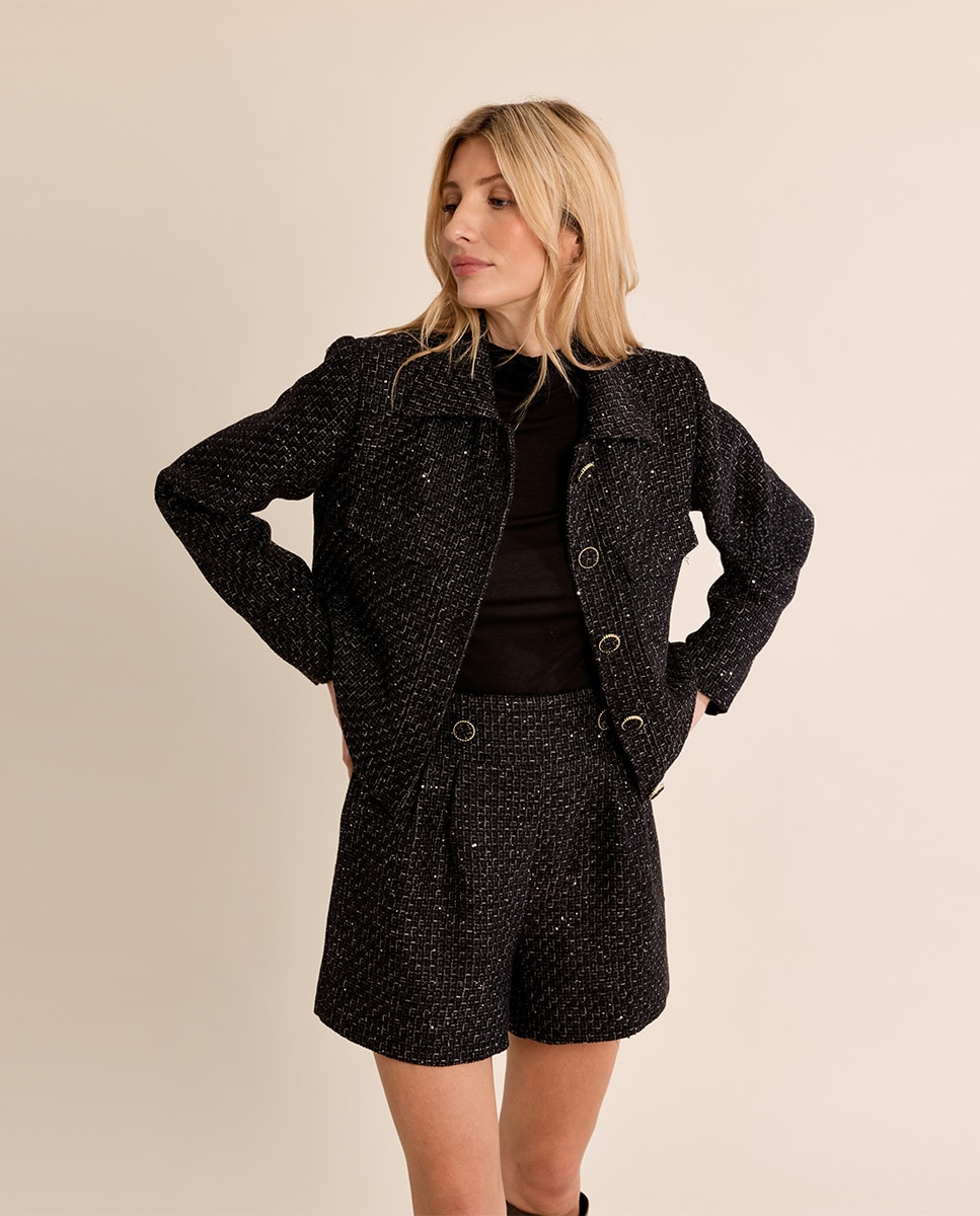 Chaqueta de mujer corta en tejido tweed - Molly Bracken - Negro Negro-3