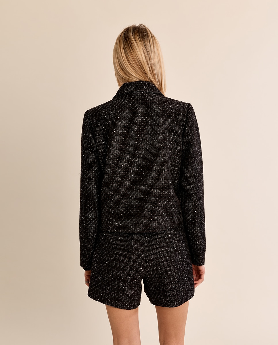 Chaqueta de mujer corta en tejido tweed - Molly Bracken - Negro Negro-4