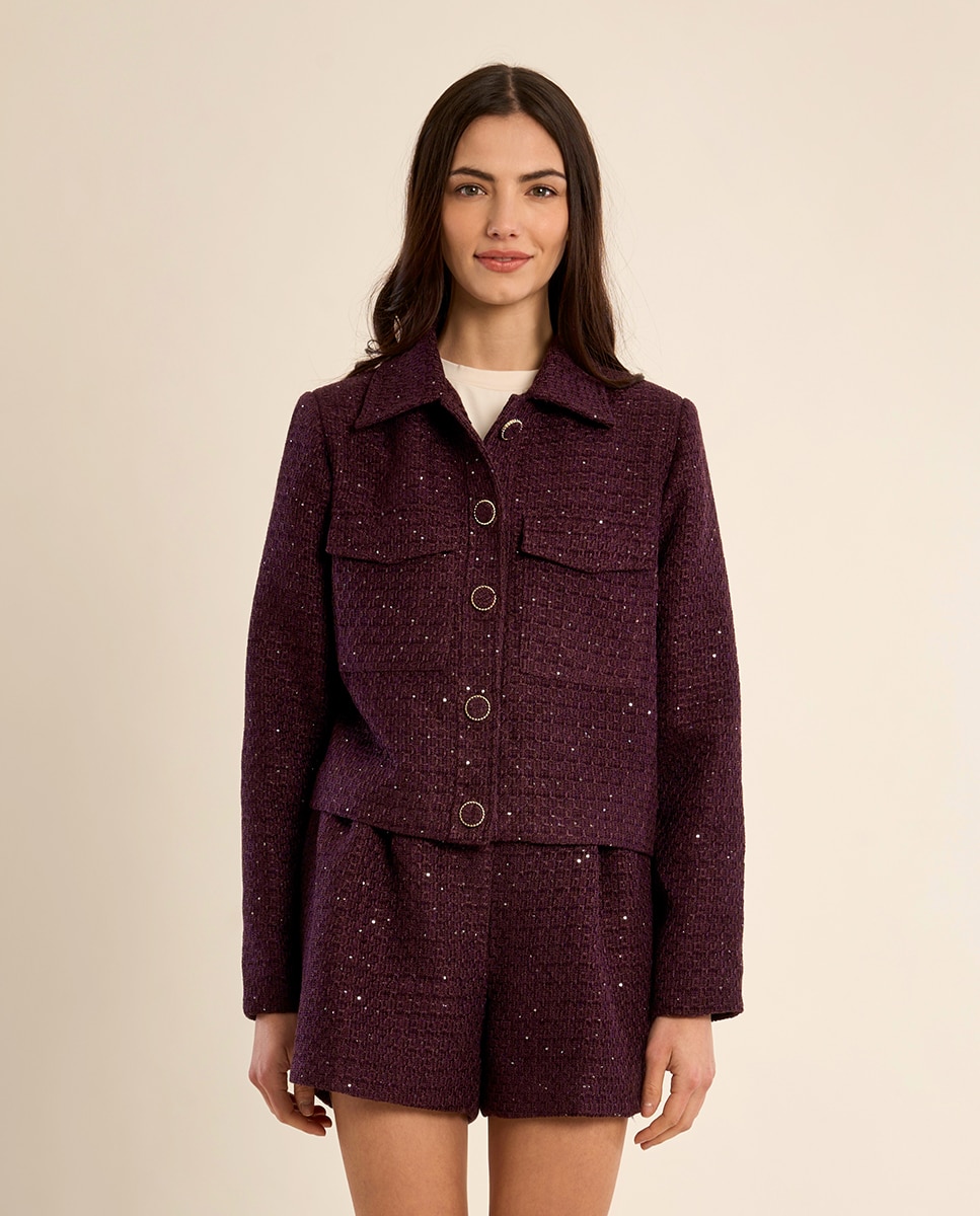 Chaqueta de mujer corta en tejido tweed - Molly Bracken - Morado Morado-2