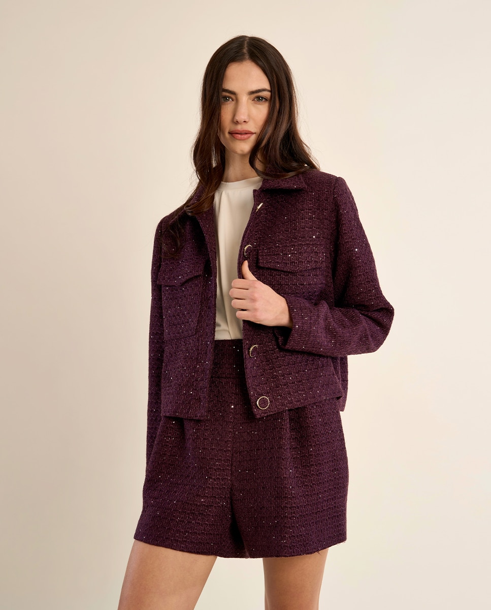 Chaqueta de mujer corta en tejido tweed - Molly Bracken - Morado Morado-3