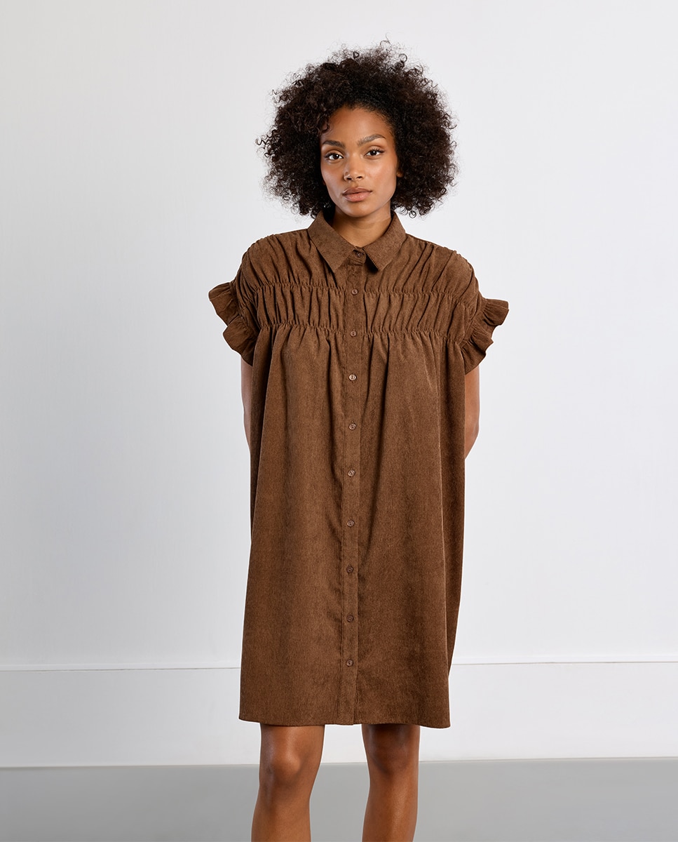 Vestido corto camisero detalle pliegues - Lili Sidonio - Marrón Marrón-1