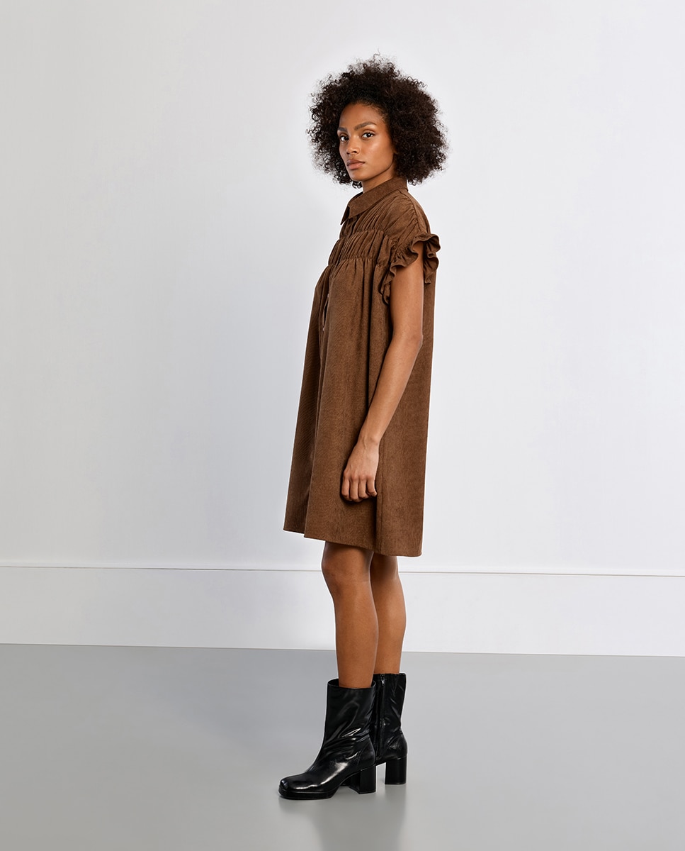 Vestido corto camisero detalle pliegues - Lili Sidonio - Marrón Marrón-2