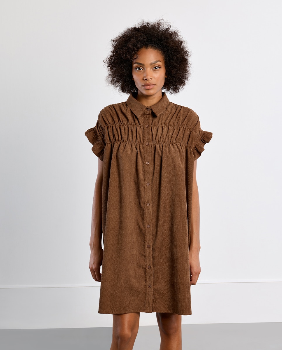 Vestido corto camisero detalle pliegues - Lili Sidonio - Marrón Marrón-3