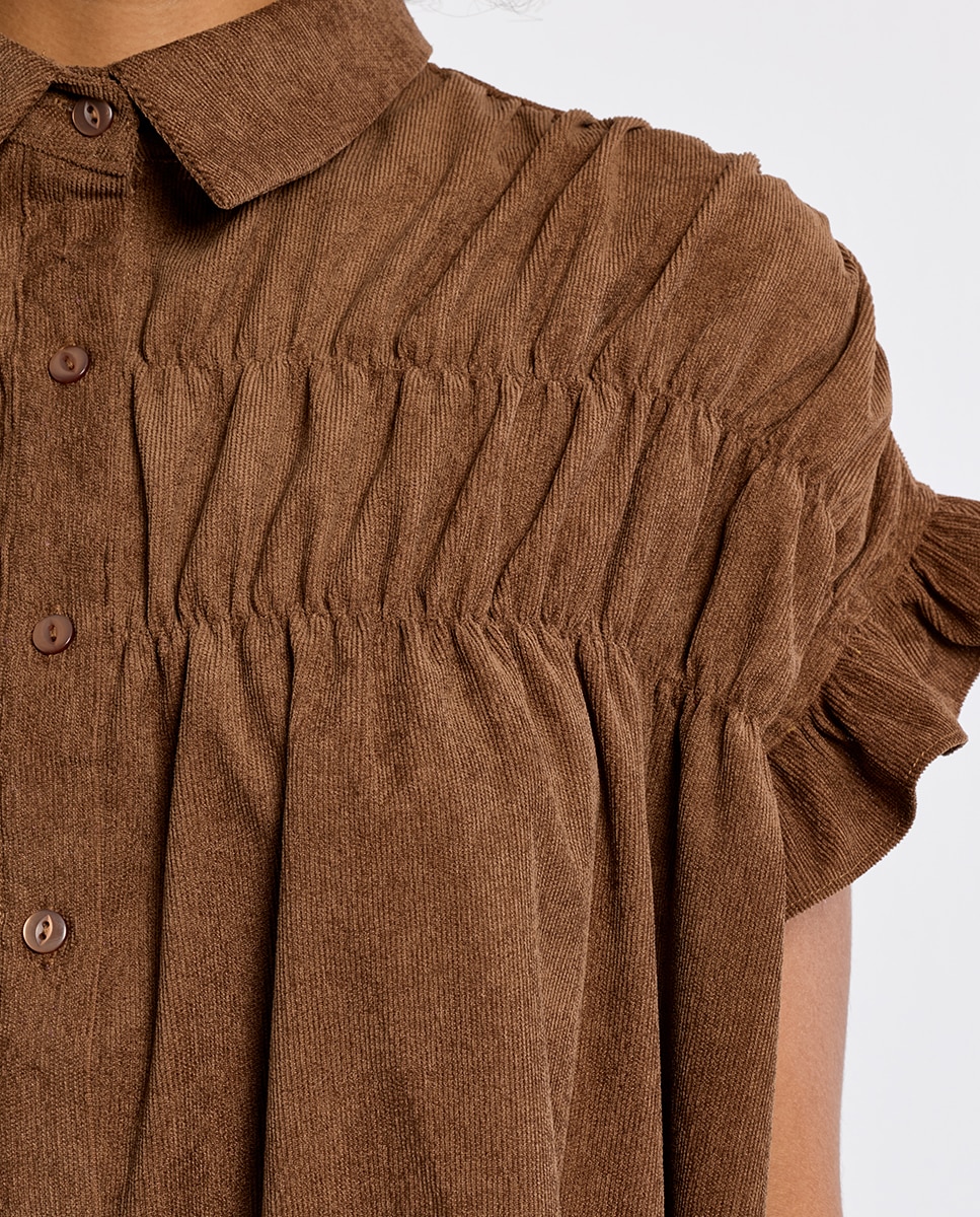 Vestido corto camisero detalle pliegues - Lili Sidonio - Marrón Marrón-5