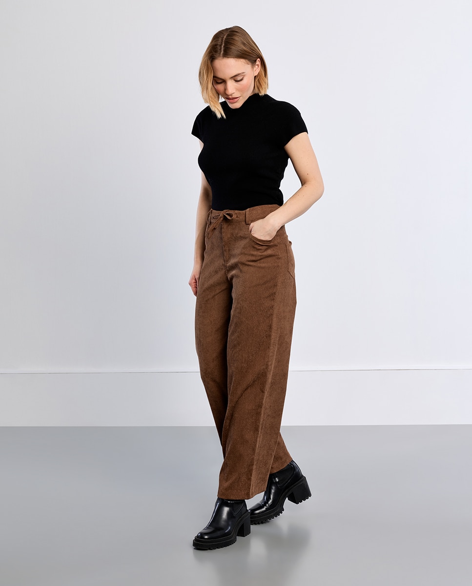 Pantalón de mujer largo detalle lazada - Lili Sidonio - Marrón Marrón-1