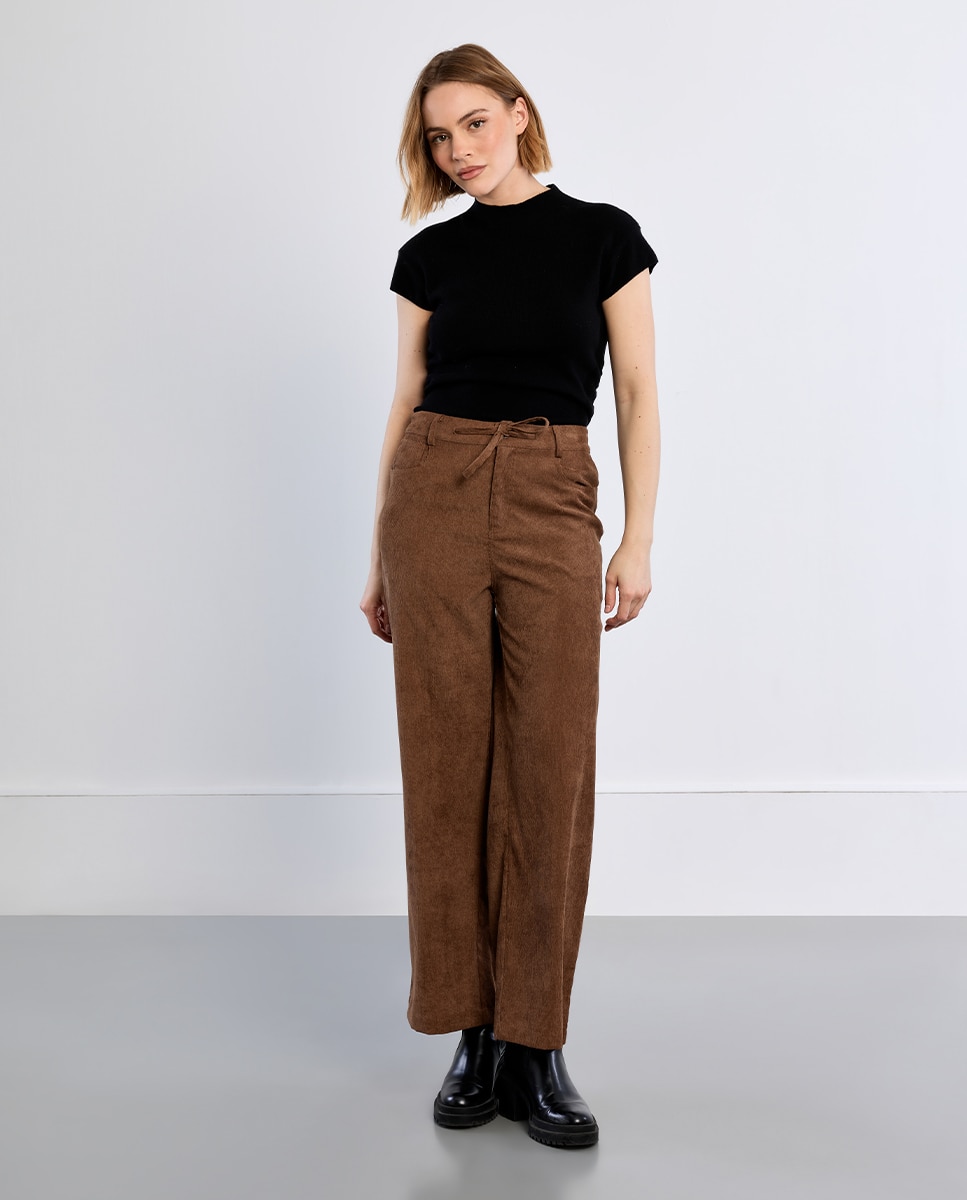 Pantalón de mujer largo detalle lazada - Lili Sidonio - Marrón Marrón-2