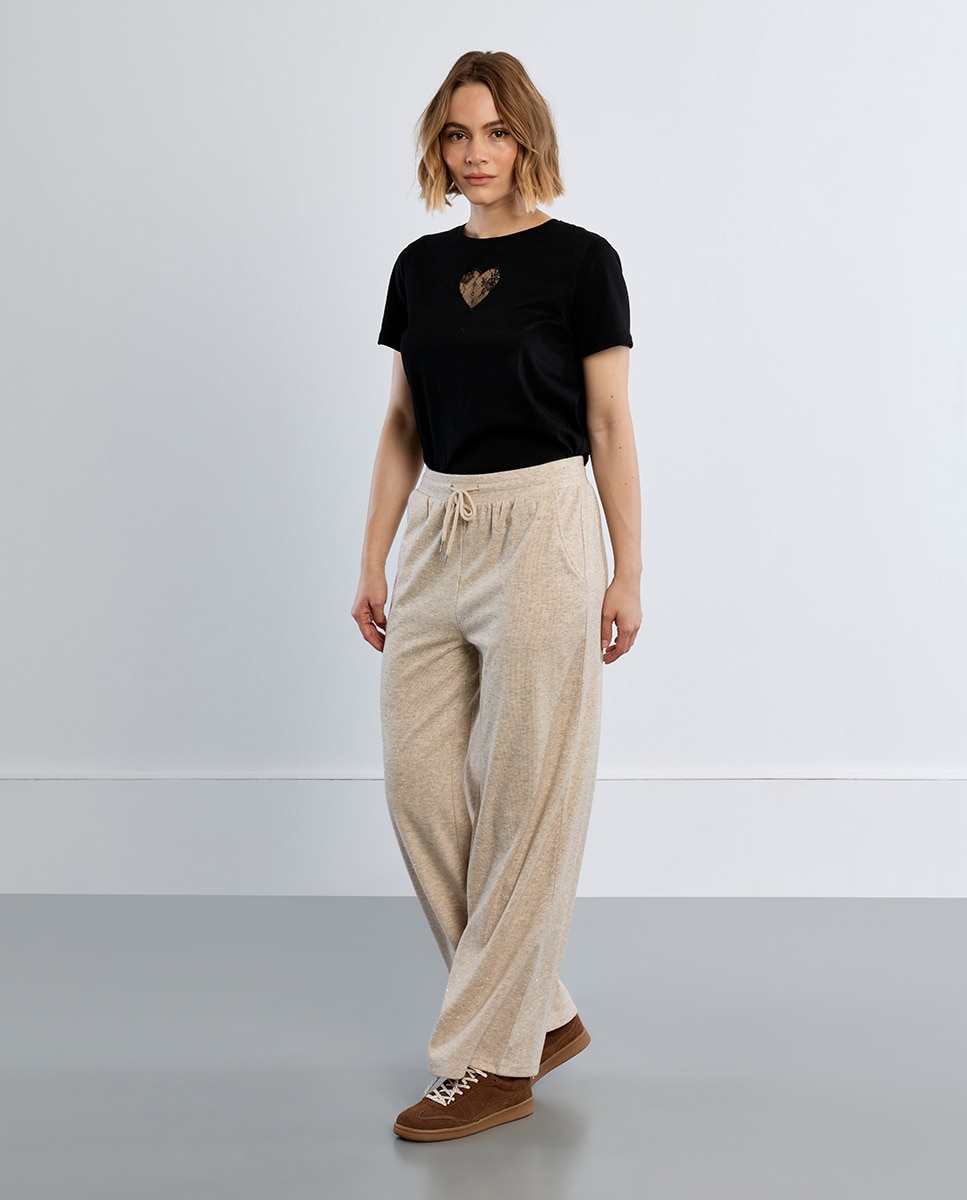 Pantalón de mujer largo de chándal detalle abalorios - Lili Sidonio - Beige Beige-2
