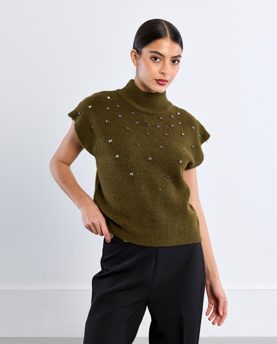 Jersey de mujer de manga corta detalle tachuelas - Lili Sidonio - Verde Verde-1