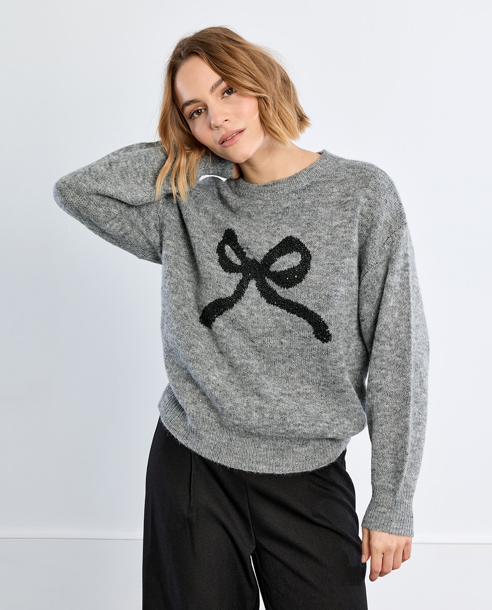 Jersey de mujer de manga larga estampado lazo - Lili Sidonio - Gris Gris-1
