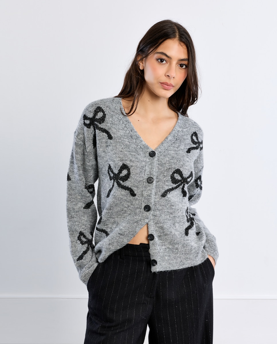 Cárdigan de mujer de manga larga estampado lazos - Lili Sidonio - Gris Gris-1