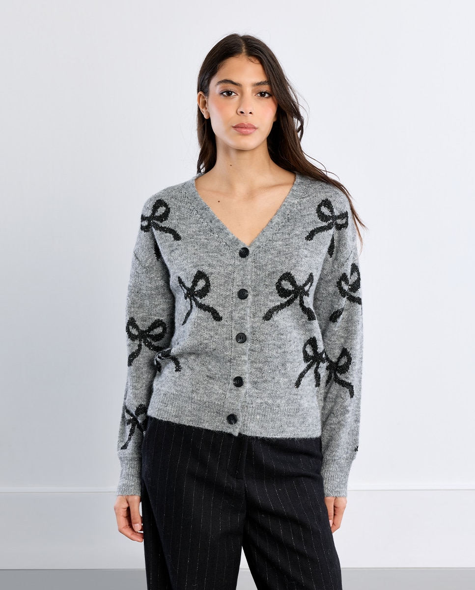 Cárdigan de mujer de manga larga estampado lazos - Lili Sidonio - Gris Gris-3