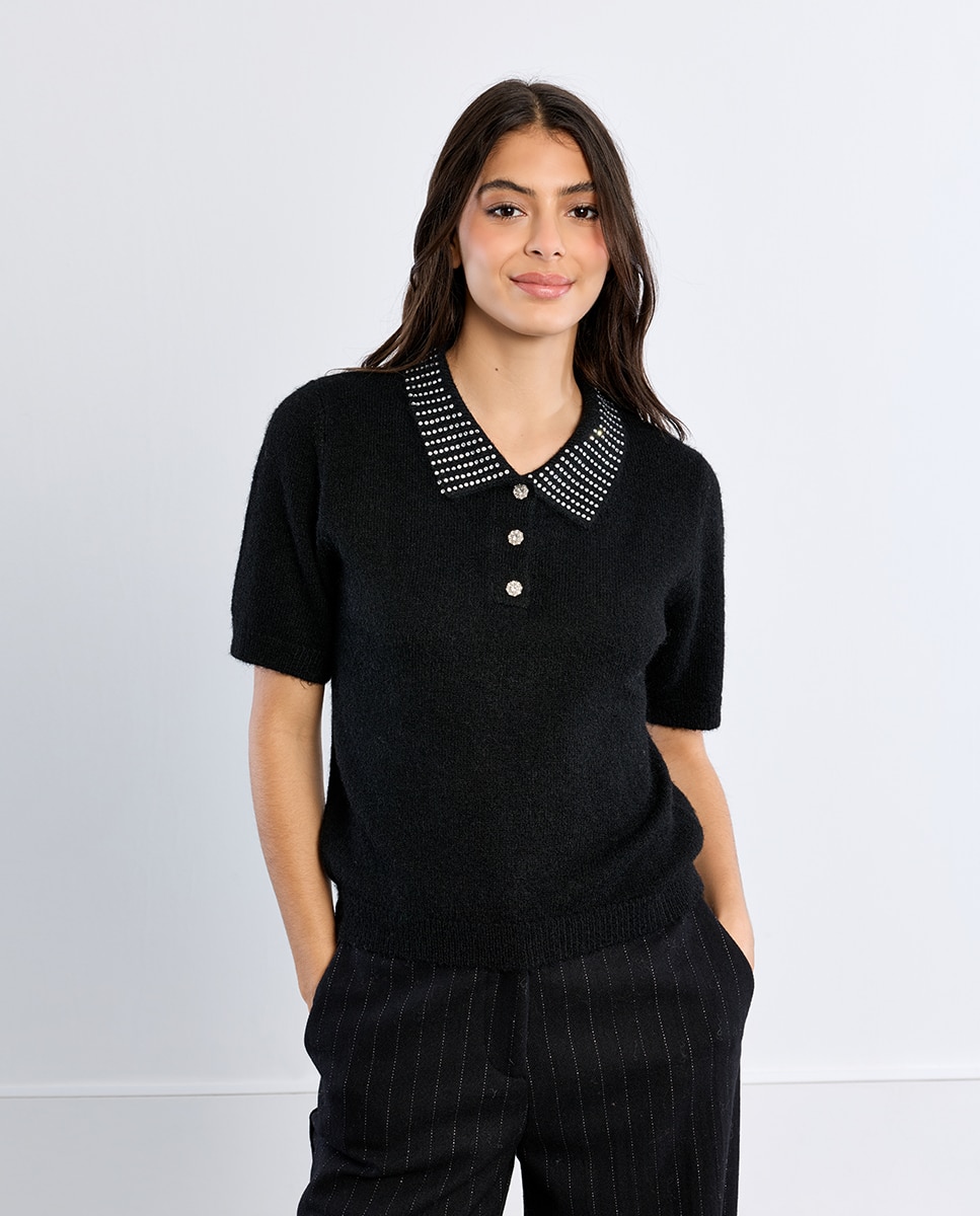 Jersey de mujer de manga corta detalle abalorios - Lili Sidonio - Negro Negro-1