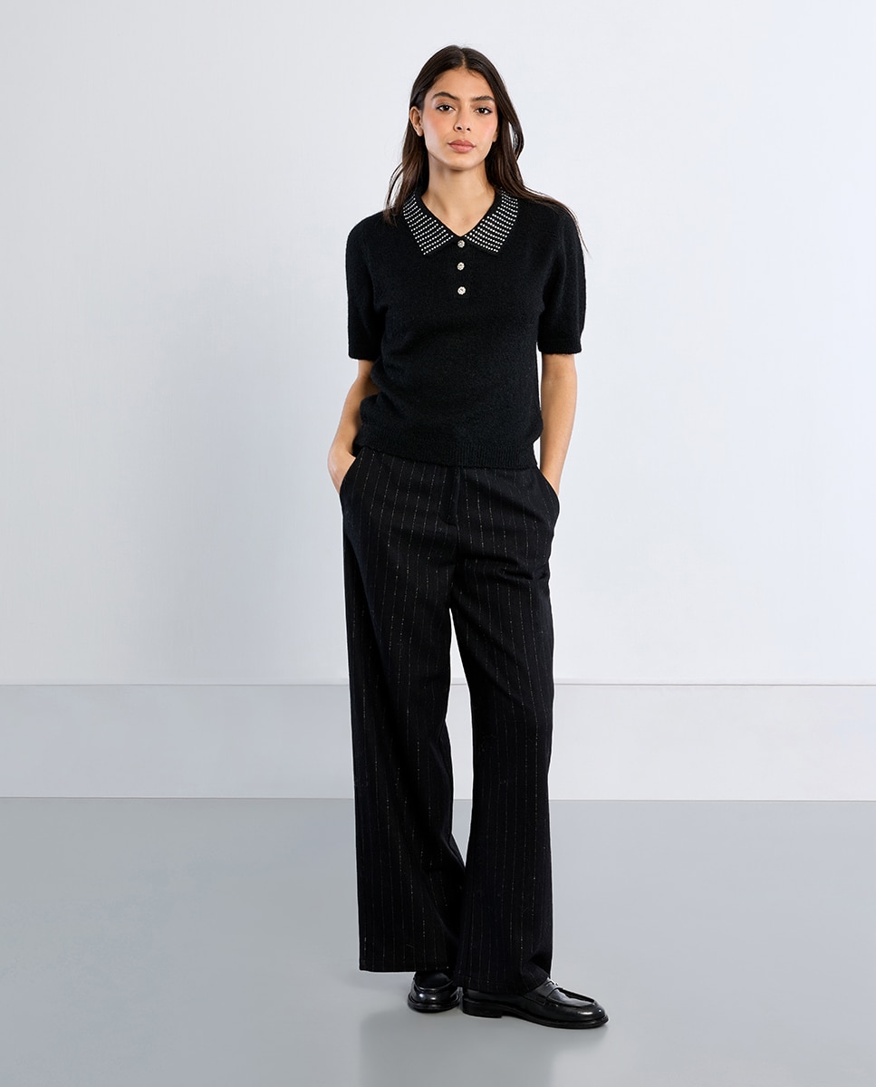 Jersey de mujer de manga corta detalle abalorios - Lili Sidonio - Negro Negro-2
