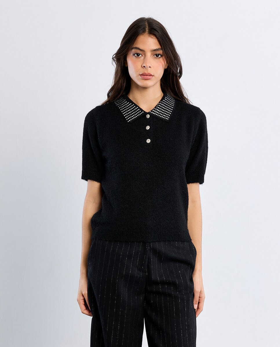 Jersey de mujer de manga corta detalle abalorios - Lili Sidonio - Negro Negro-3
