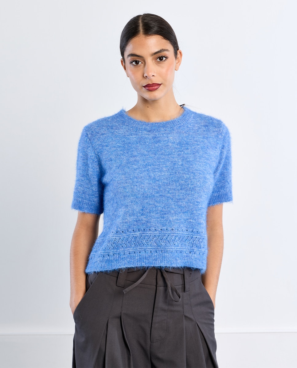 Jersey de mujer de manga corta en punto bordado - Lili Sidonio - Azul Azul-1