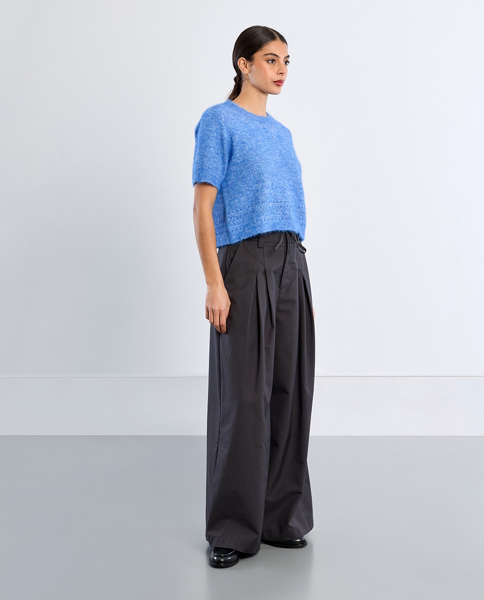 Jersey de mujer de manga corta en punto bordado - Lili Sidonio - Azul Azul-2